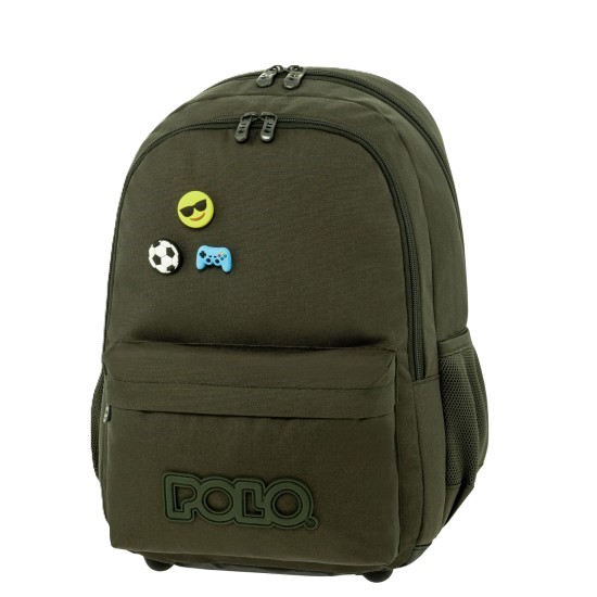 Polo Pins Σχολική Τσάντα Πλάτης Γυμνασίου – Λυκείου Κυπαρισσί με Θήκη για Παγούρι 20lt